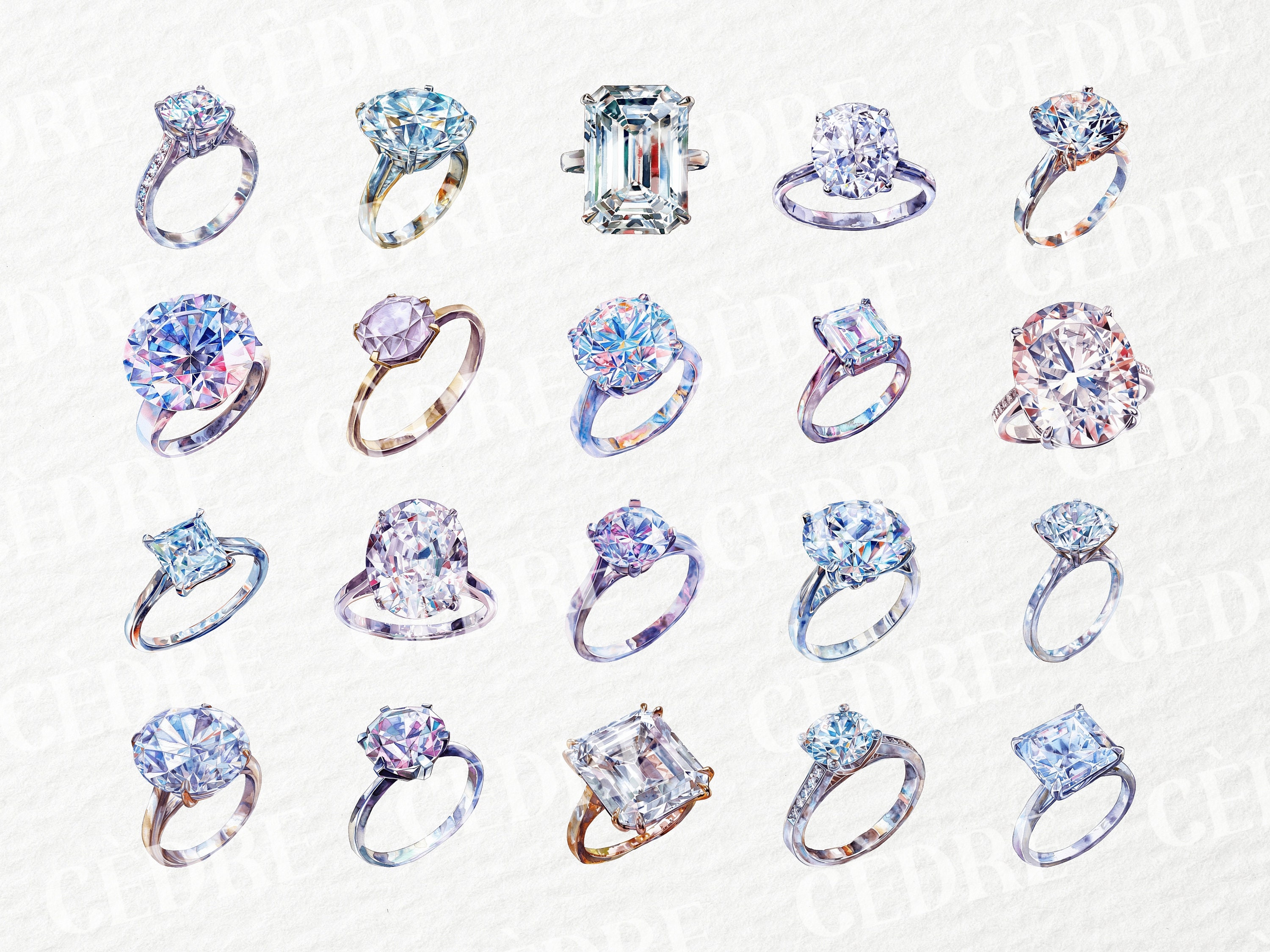 Watercolor Diamond Rings Clipart, Sparkling Shinny Rings Clipart ...