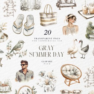 Clipart de un acogedor día de verano en acuarela, gris neutro, Hola verano, floral, pegatina digital, gráficos PNG transparentes, uso comercial