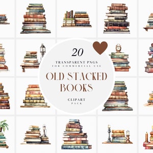 Watercolor Stacked Books Clipart, Shabby Books Clipart, Bookshelves Clipart, Cozy Books, Vintage Book Clipart, PNG Format For Commercial Use