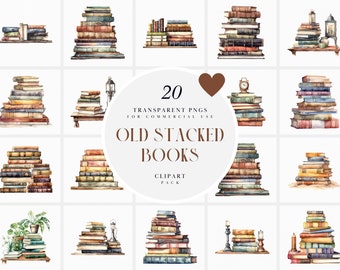 Watercolor Stacked Books Clipart, Shabby Books Clipart, Bookshelves Clipart, Cozy Books, Vintage Book Clipart, PNG Format For Commercial Use