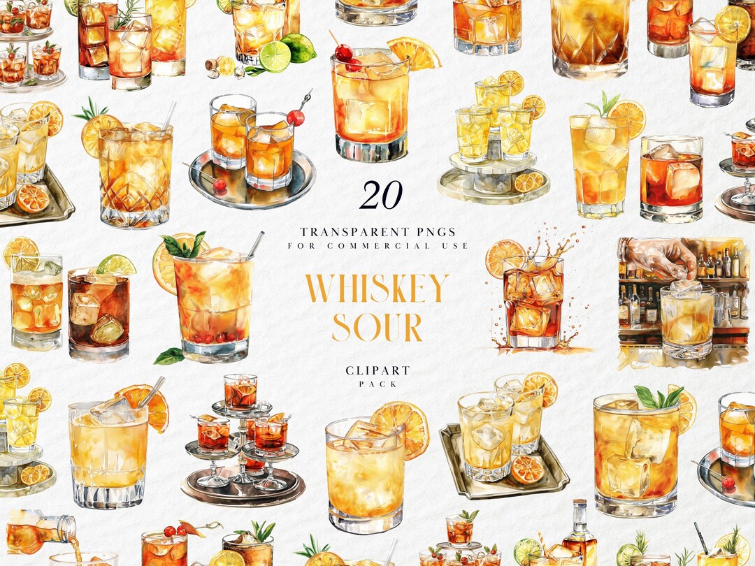 Watercolor Whiskey Sour Clipart, Wedding Signature Drink, Bar Menu ...