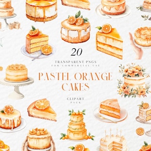 Aquarell Pastell Orange Kuchen Clipart, ganze Hochzeitstorte Geburtstag, Feier, Dessert, transparente PNG-Grafik, kommerzielle Nutzung