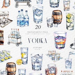 May include: Watercolor illustration of various vodka cocktails and ingredients. The image includes glasses of vodka with ice, lemon slices, and bottles. Text reads "20 Transparent PNGs for Commercial Use VODKA Clipart Pack."
