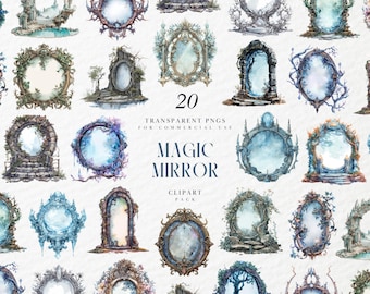 Watercolor Magic Mirror Clipart, Enchanted Fairytale Baroque Frame, Castle Corridor Glow Aesthetic, Transparent PNG Graphics, Commercial Use