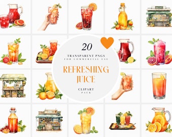Watercolor Refreshing Juice Clipart, Fresh Pressed Juice Clipart, Summer Drink Clipart, Instant Download, Transparent PNG, Commercial Use