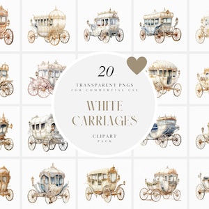 Clipart di carrozze bianche ad acquerello, clipart di carrozze bianche, clipart di vecchie carrozze nuziali, grafica principessa romantica PNG per uso commerciale