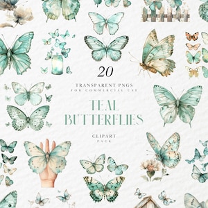 Imágenes prediseñadas de mariposas en acuarela pastel verde azulado, jardín de mariposas, primavera pastel, verano, flores florales, gráficos PNG transparentes, uso comercial