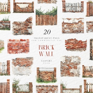 May include: A set of 20 transparent PNGs presenting watercolour illustrations of brick walls and fences. The images depict diverse styles, such as weathered brickwork, wooden fences, and decorative elements, suitable for commercial applications.