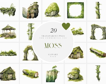 Aquarel mos clipart, mos plant clipart, groene bemoste rotsen clipart, botanische mos stronken clipart, transparante PNG, commercieel gebruik