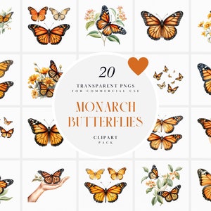 Aquarelle papillons monarques Clipart, clipart papillon monarque en vol, clipart Nature printemps, graphiques PNG transparents, usage Commercial