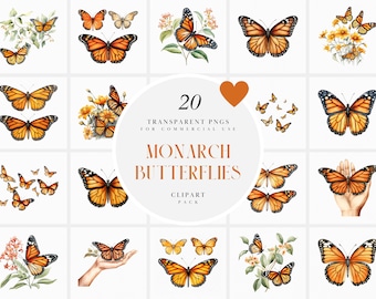 Watercolor Monarch Butterflies Clipart, Flying Monarch Butterfly Clipart, Spring Nature Clipart, Transparent PNG Graphics, Commercial Use