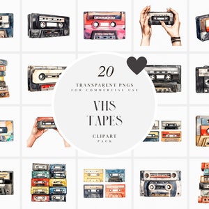水彩カセットテープ クリップアート、VHS テープ クリップアート、オーディオ テープ ビデオ 90 年代テクノロジー、ミレニアル世代クリップアート、透明 PNG、商用利用