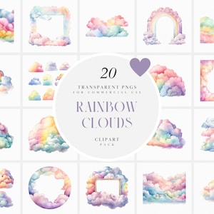 Watercolor Pastel Clouds Clipart, Rainbow Fluffy Clouds Clipart, Whimsical Vibrant Fairytale Cloud Clipart, PNG Format for Commercial Use
