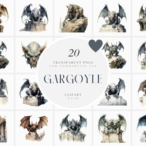 Watercolor Gargoyle Clipart, Stone Demon Church Statue, Horror Marble Statue Gargoyles Clipart, Transparent PNG Graphics, Commercial Use