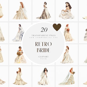 Watercolor Retro Bride Clipart, Pin Up Vintage Bride Clipart, White Dress, 40s, 50s, 60s, Wedding, Transparent PNG Graphics, Commercial Use