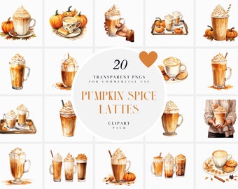 Watercolor Pumpkin Spice Lattes Clipart, Cup of Iced Latte Clipart, Autumn Hot Drink Clipart, Fall Season Clipart, PNG for Commercial Use