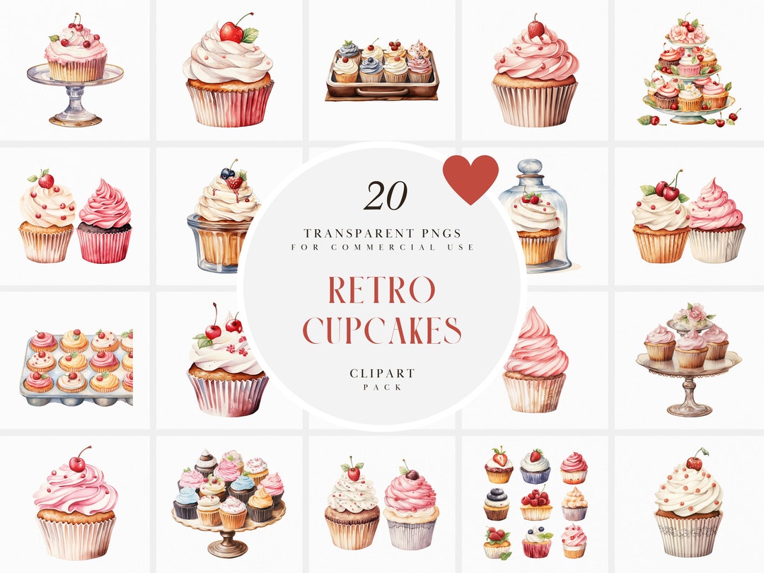 Watercolor Retro Cupcakes Clipart, Pastel Vintage Cupcake Clipart ...