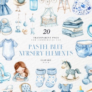 Watercolor Pastel Blue Nursery Clipart, Boho Baby Boy Shower Decor with Teddy Bear & Wooden Toys, Transparent PNG Graphics, Commercial Use