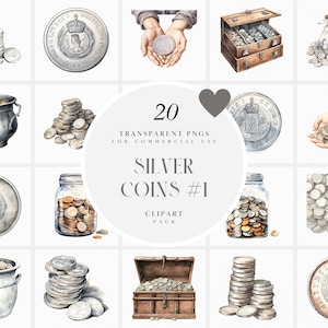 Clipart aquarel zilveren munten, clipart Lucky Coin, clipart contant geld, losgeld clipart, transparante png-afbeeldingen, commercieel gebruik