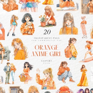 Watercolor Orange Anime Girl Clipart, Kawaii Japanese Character, Manga Style Journaling Aesthetic, Transparent PNG Graphics, Commercial Use