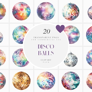Clipart boule disco scintillante aquarelle, clipart boules disco groovy holographique, éléments de fête funky, PNG transparent, usage Commercial