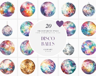 Watercolor Shimmering Disco Ball Clipart, Holographic Groovy Disco Balls Clipart, Funky Party Elements, Transparent PNG, Commercial Use