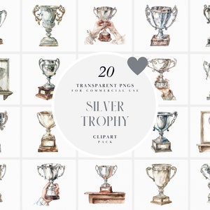Może przedstawiać: Zestaw 20 akwarelowych ilustracji srebrnych trofeów. Trofea są w różnych pozach, niektóre stoją na cokole, niektóre są trzymane przez ręce, a niektóre są w ramie. Ilustracje idealnie nadają się do dodania odrobiny elegancji do Twoich projektów.