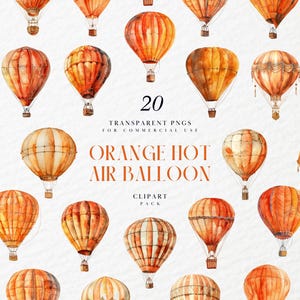 Clipart de balão de ar quente laranja em aquarela, aeronave vintage, aventura flutuante, arte de berçário no céu, gráficos PNG transparentes, uso comercial