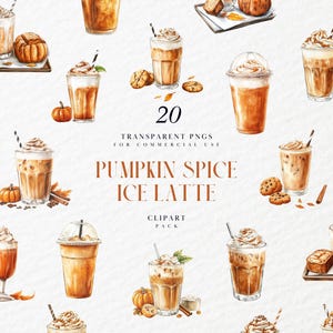 Clipart de aquarela com especiarias de abóbora gelada, xícara de café com leite gelado, bebida gelada de outono, estação de outono, gráficos PNG transparentes, uso comercial