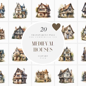 Watercolor Medieval Houses Clipart, Medieval House Clipart, Middle Ages European Medieval Home Clipart, Transparent PNG Print Commercial Use
