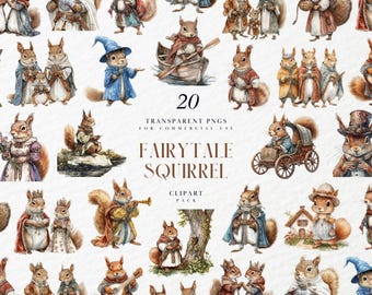 May include: A collection of 20 transparent PNG fairytale squirrel clip art images. The squirrels are dressed in various outfits, including wizard robes, royal attire, and riding in a boat. The text "FAIRYTALE SQUIRREL" is displayed.