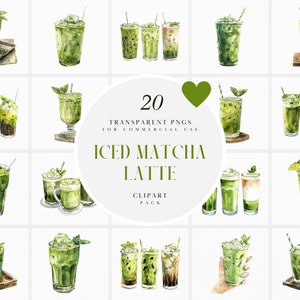 Clipart di Matcha ghiacciato ad acquerello, Tè verde freddo Matcha, Bevanda dolce tradizionale, Caffeina mattutina, Grafica PNG trasparente, Uso commerciale