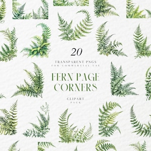 Fougère aquarelle Page coins des cliparts, botanique vert, élément d'encadrement de feuillage des bois, bordure de feuilles de forêt, PNG transparent, usage Commercial