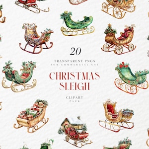 Aquarell Weihnachtsschlitten Clipart, Schlitten des Weihnachtsmanns, Weihnachten, Festliche Winterferien, Nordpol, Rot Grün Gold, Transparente PNG, kommerzielle Nutzung