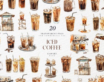 Watercolor Iced Coffee Clipart, Creamy Cold Brew Latte with Ice, Espresso Drink for Cafe Menu Card, Transparent PNG Graphics, Commercial Use