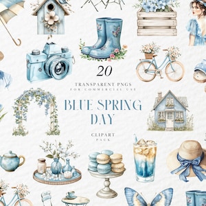 Clipart de un acogedor día de primavera en acuarela, saludos de primavera en tonos neutros de azul, florales, calcomanías digitales, gráficos PNG transparentes, uso comercial