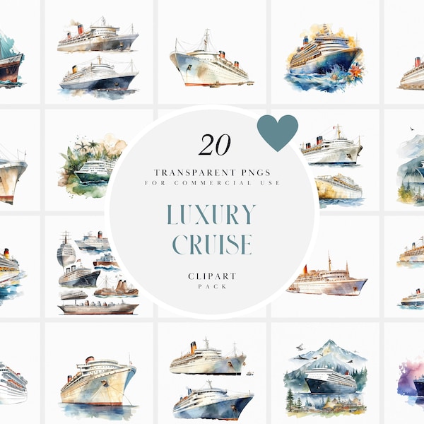 Watercolor Luxury Cruise Clipart, Cruise Ship Clipart, Vacation Cruise Ships Clipart, Passenger Ship Clipart, PNG Format for Commercial Use,