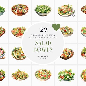 Clipart di insalata mista ad acquerello, clipart di insalatiera verde, clipart di insalata fresca da giardino, grafica a sublimazione, formato PNG per uso commerciale