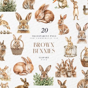 Pode incluir: Um pacote de clipart digital de 20 ilustrações de aquarela de coelhos marrons em várias poses. As ilustrações estão sobre um fundo branco e incluem coelhos sentados, em pé, dormindo e segurando cenouras. O texto "20 PNGs transparentes para uso comercial" e "Brown Bunnies Clipart Pack" está incluído na imagem.