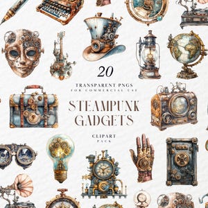 Puede incluir: Una colección de 20 gadgets steampunk en formato PNG transparente. La imagen presenta varios objetos como una máscara, una guitarra, un sombrero de copa, una linterna, un globo terráqueo, una cámara, todos con una estética vintage e industrial. El texto dice "STEAMPUNK GADGETS".