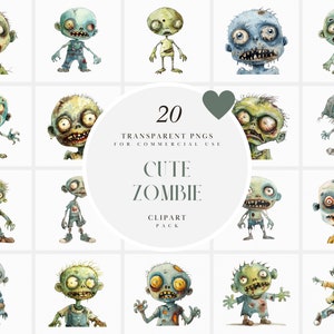 Aquarell niedlichen Zombie Clipart, Cartoon Zombies Clipart, Kinder Illustration, Halloween Elemente, transparente PNG Grafiken, kommerzielle Nutzung