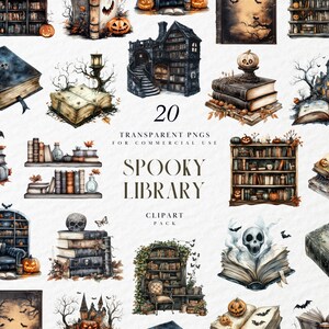 May include: Watercolor clipart pack featuring 20 transparent PNGs with a spooky library theme. Includes illustrations of books, pumpkins, bats, haunted houses, and bookshelves. Perfect for commercial use.
