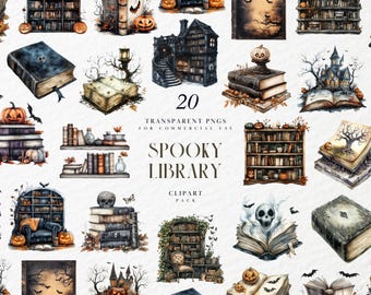 Watercolor Spooky Library Clipart, Haunted Gothic Bookshelf, Dark Academia Decor, Halloween Reading Scene, Transparent PNG, Commercial Use