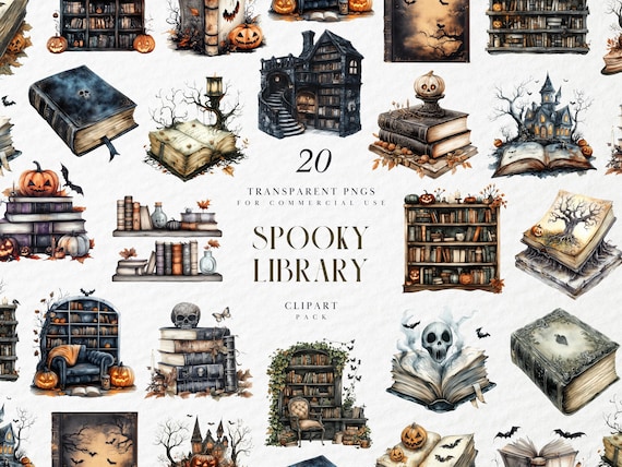 Watercolor Spooky Library Clipart, Haunted Gothic Bookshelf, Dark Academia Decor, Halloween Reading Scene, Transparent PNG, Commercial Use