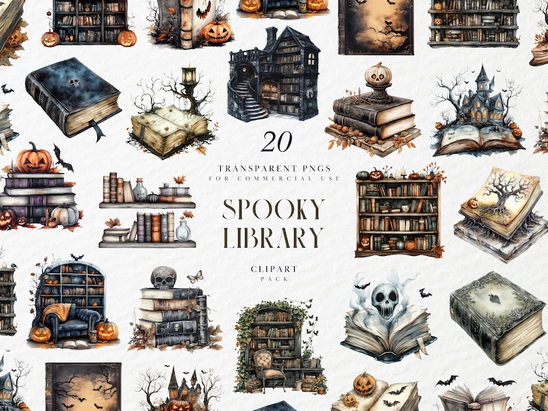 May include: Watercolor clipart pack featuring 20 transparent PNGs with a spooky library theme. Includes illustrations of books, pumpkins, bats, haunted houses, and bookshelves. Perfect for commercial use.