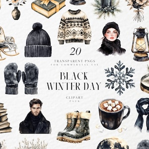 Watercolor Black Winter Day Clipart, Moody Rustic Aesthetic, Gothic Cozy Season, Dark Snow Vibes, Transparent PNG Graphics, Commercial Use