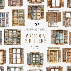 以下が含まれることがあります： さまざまなスタイルと色の木製シャッターのウォーターカラーイラスト20点セット。イラストは商用利用可能な透明PNGです。画像の中央には「20 TRANSPARENT PNGS FOR COMMERCIAL USE WOODEN SHUTTERS CLIPART PACK」というテキストが表示されています。