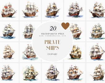 Watercolor Pirate Ships Clipart, Old Pirate Ship Clipart, Pirates Rustic War Ship Clipart, Illustration Graphics, PNG for Commercial Use