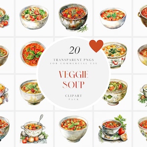 May include: Watercolor clipart pack featuring 20 transparent PNGs of veggie soup in various bowls. The bowls are filled with colorful vegetables and herbs, with a variety of styles and designs. The text on the image says "Veggie Soup Clipart Pack".