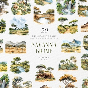 Clipart de bioma de sabana en acuarela, paisaje panorámico, fauna africana, atardecer, ilustración de la naturaleza, PNG transparente, uso comercial